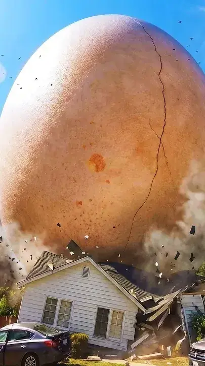 A cracked, oversized egg sits on a flattened house, debris in the air and a hand at the edge of frame